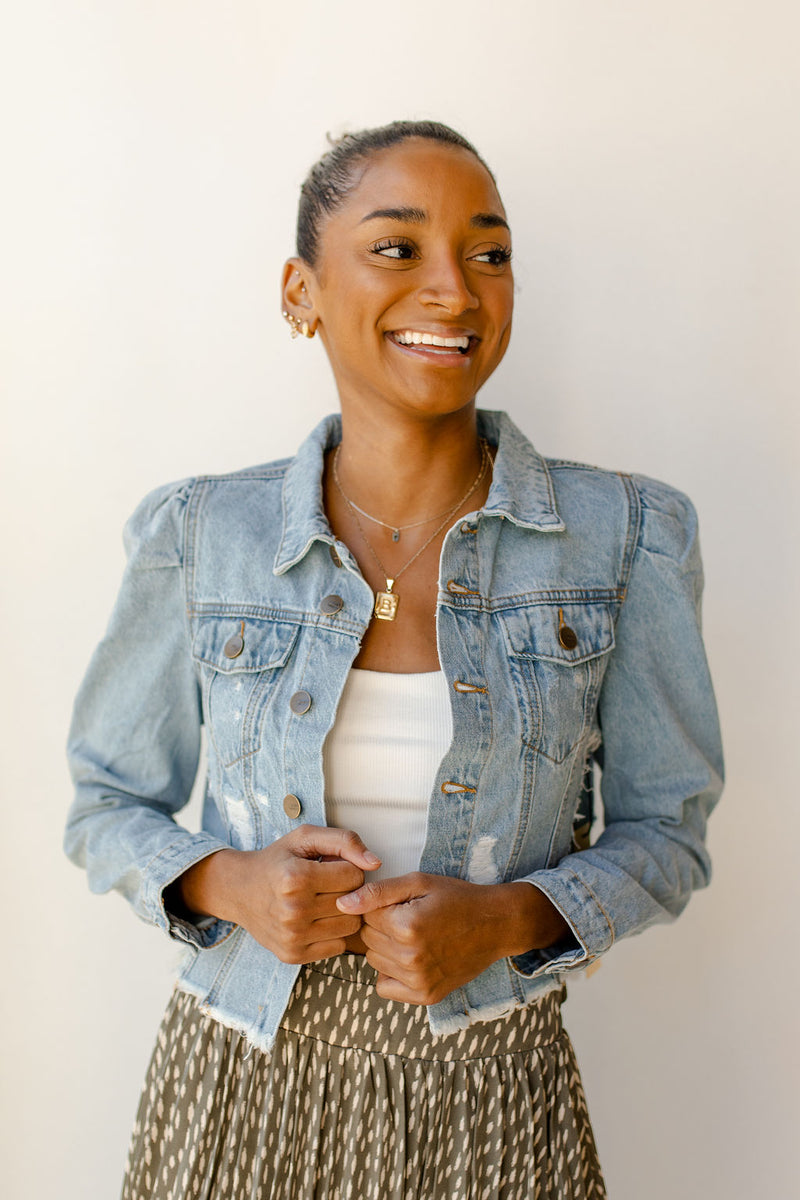 mode, puff sleeve denim jacket