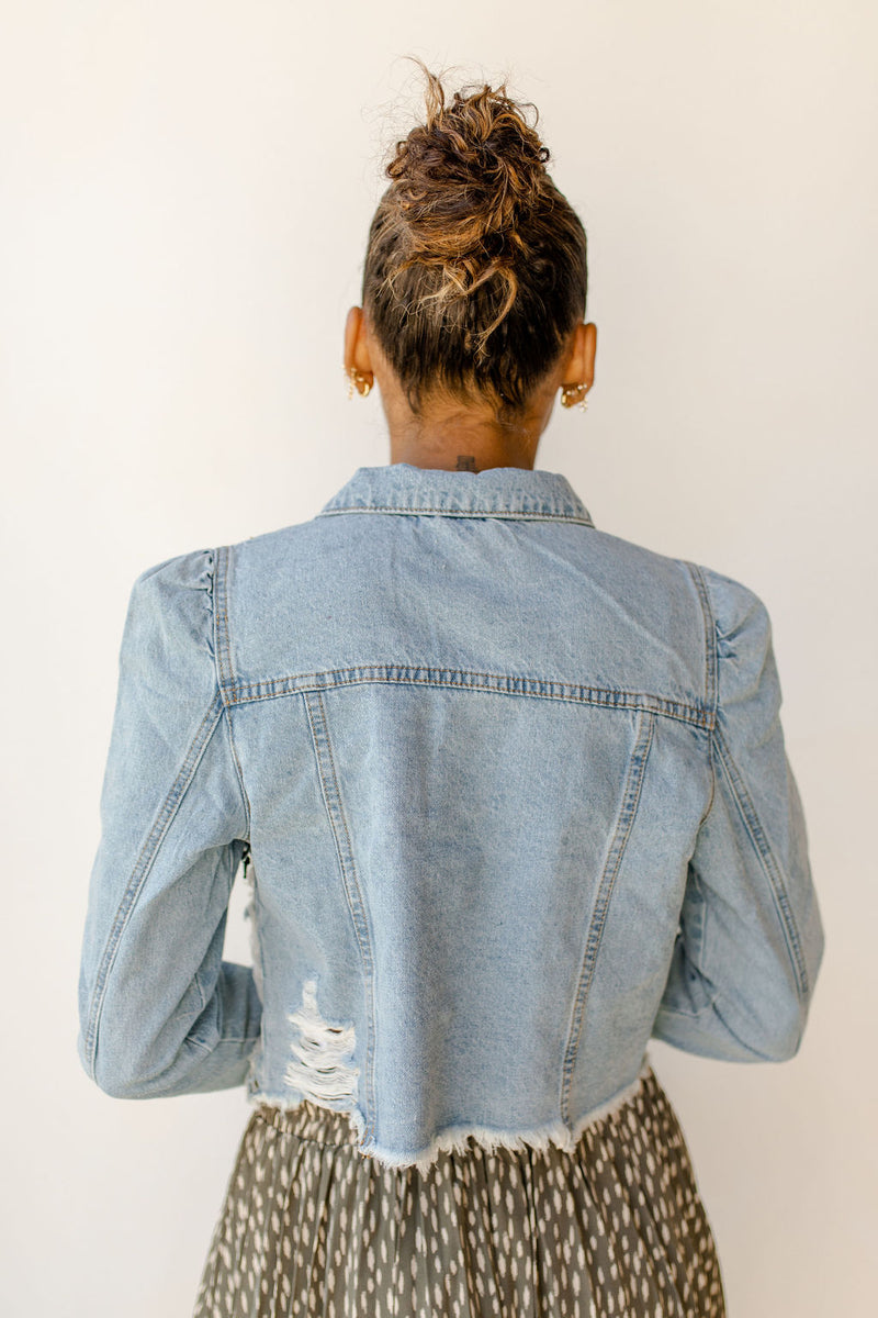 mode, puff sleeve denim jacket