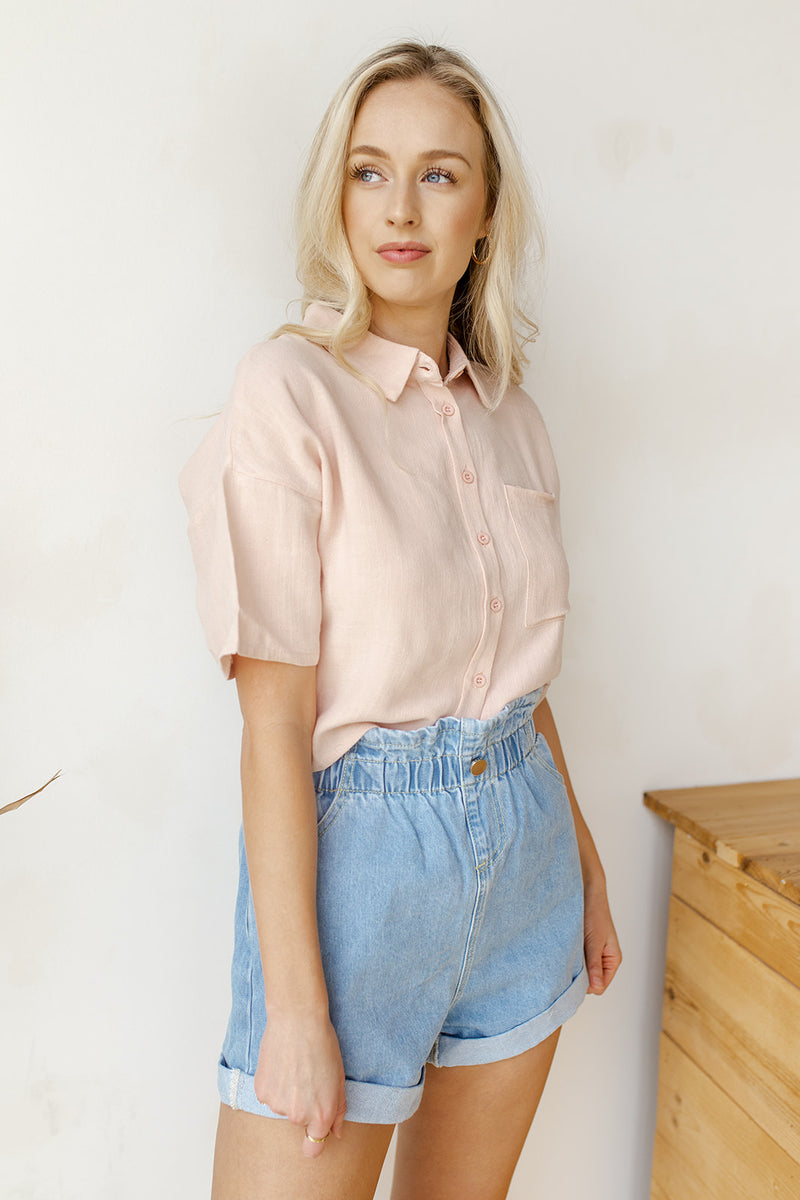 mode, collared button-up crop top