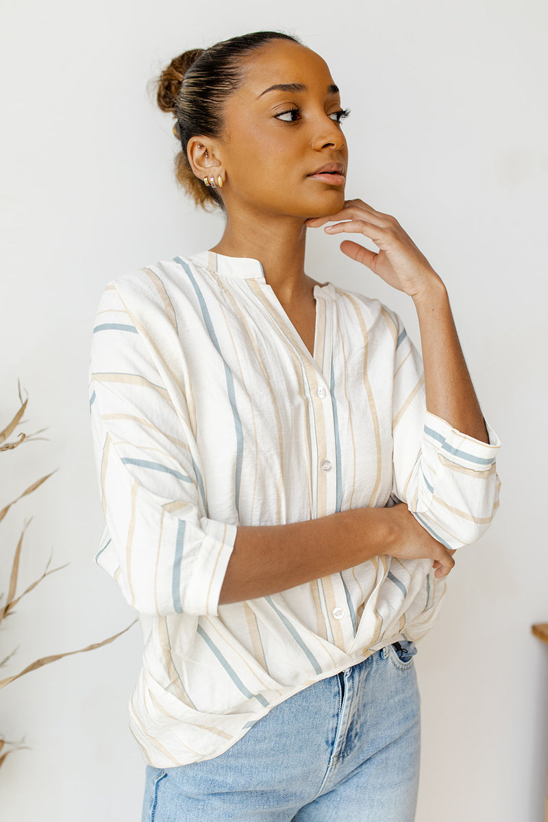 mode, cross paths button blouse