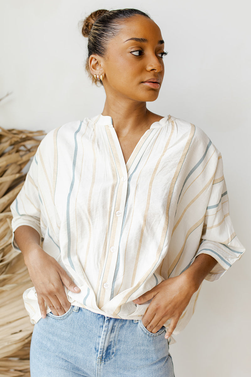 mode, cross paths button blouse