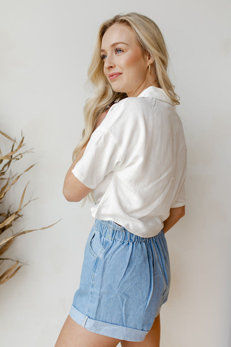 mode, collared button-up crop top