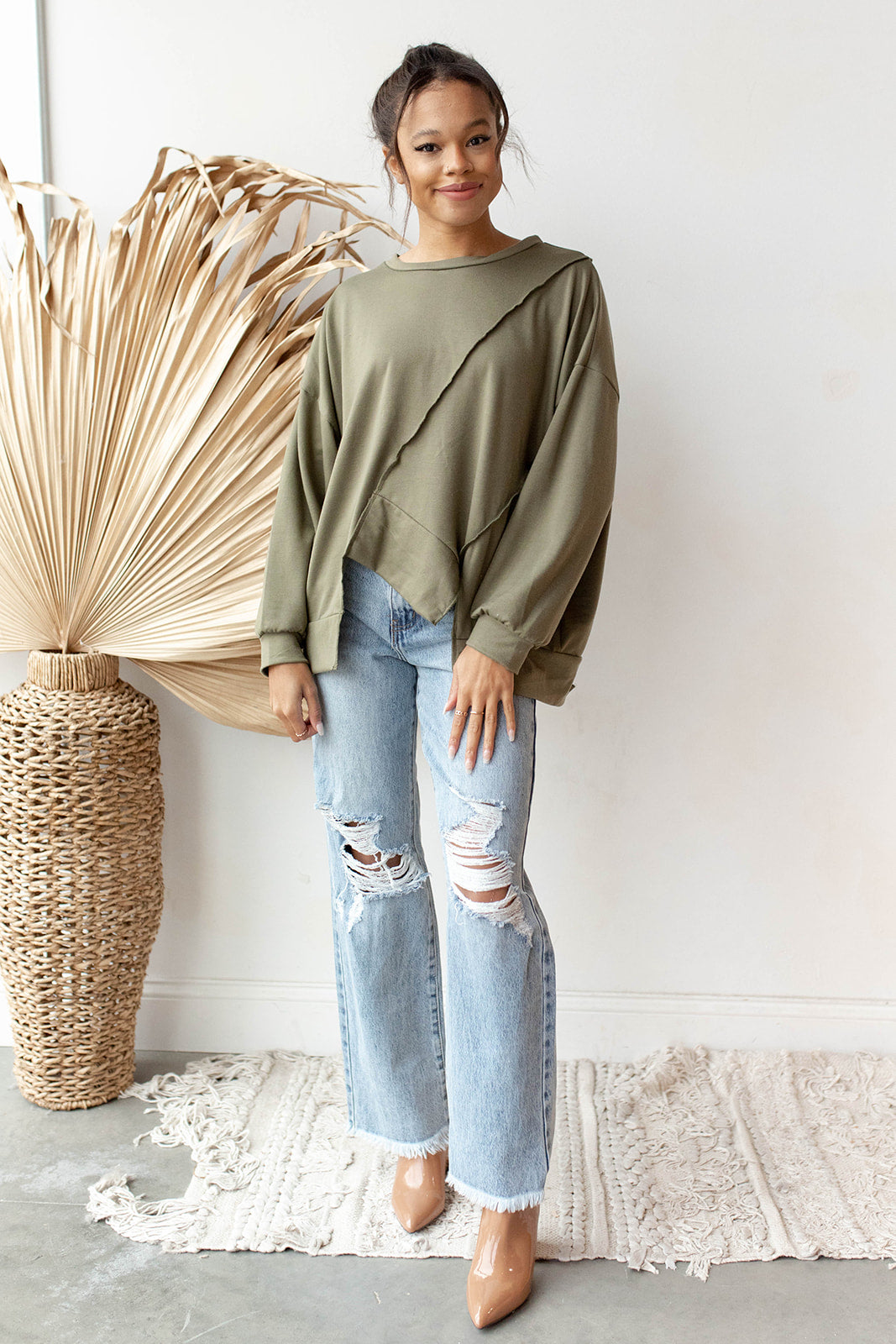 mode, over sized french terry pull over