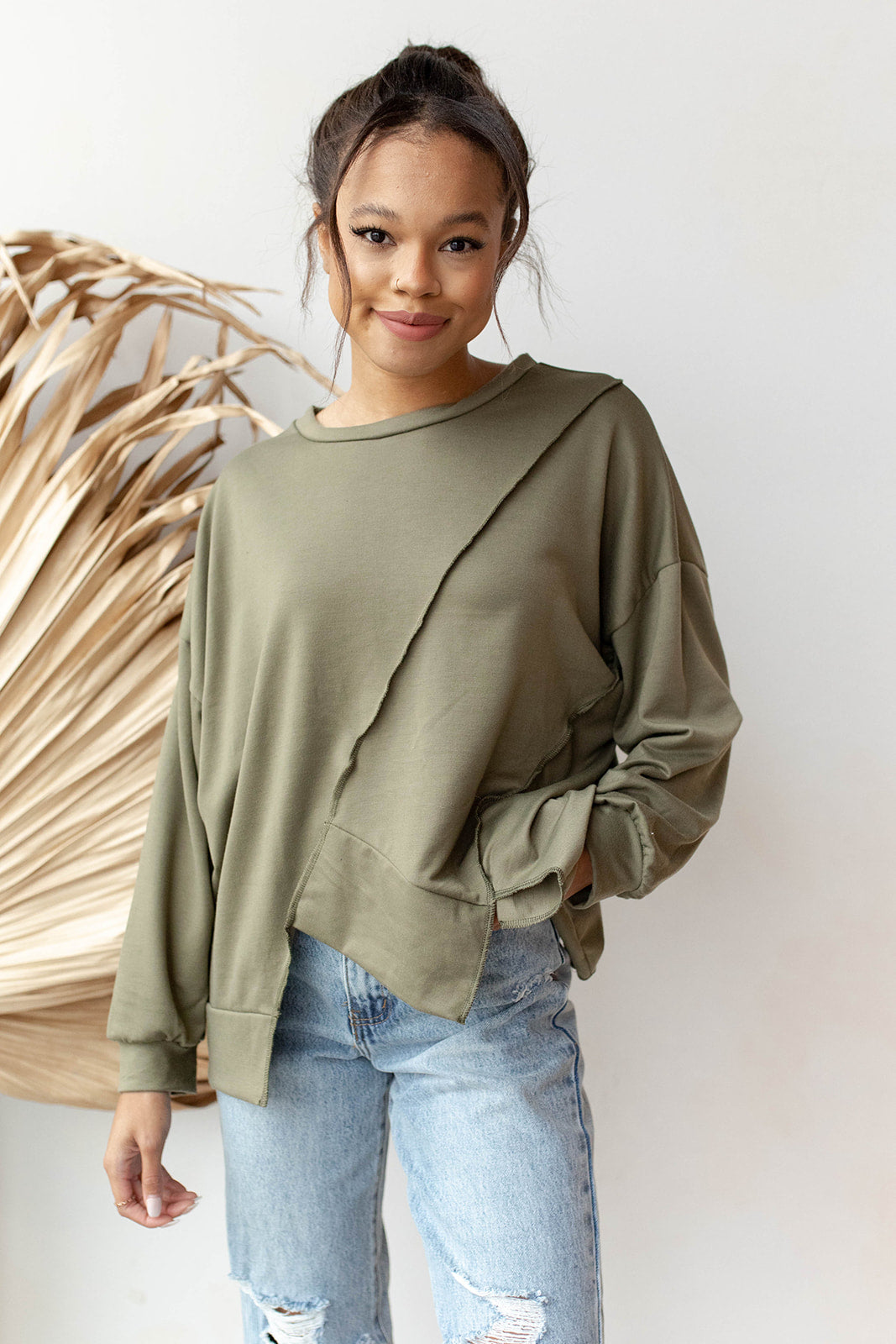 mode, over sized french terry pull over