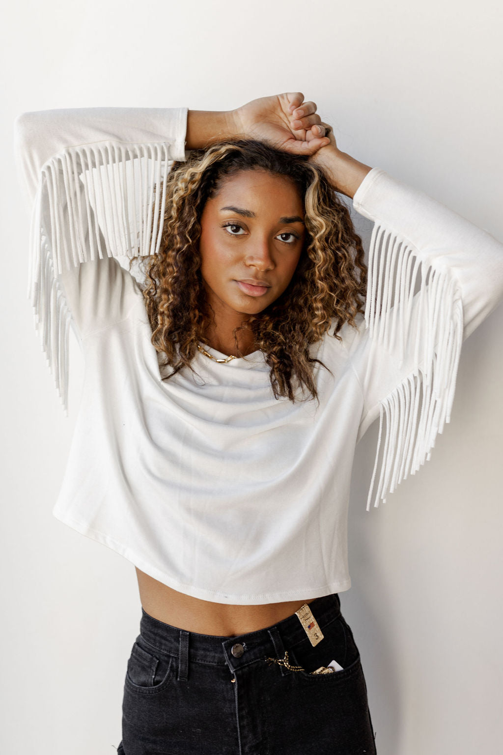 white fringe crop top
