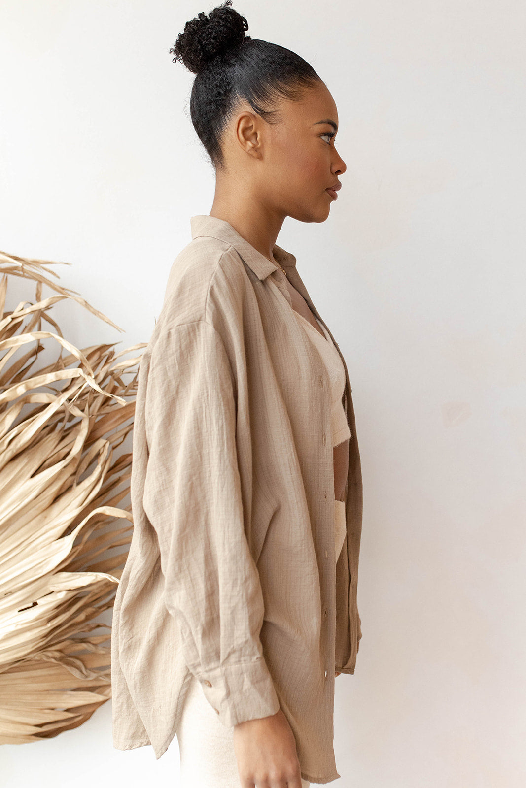 mode, see through button down shirt