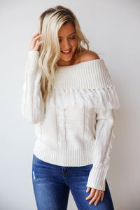 mode, off shoulder fringe top sweater