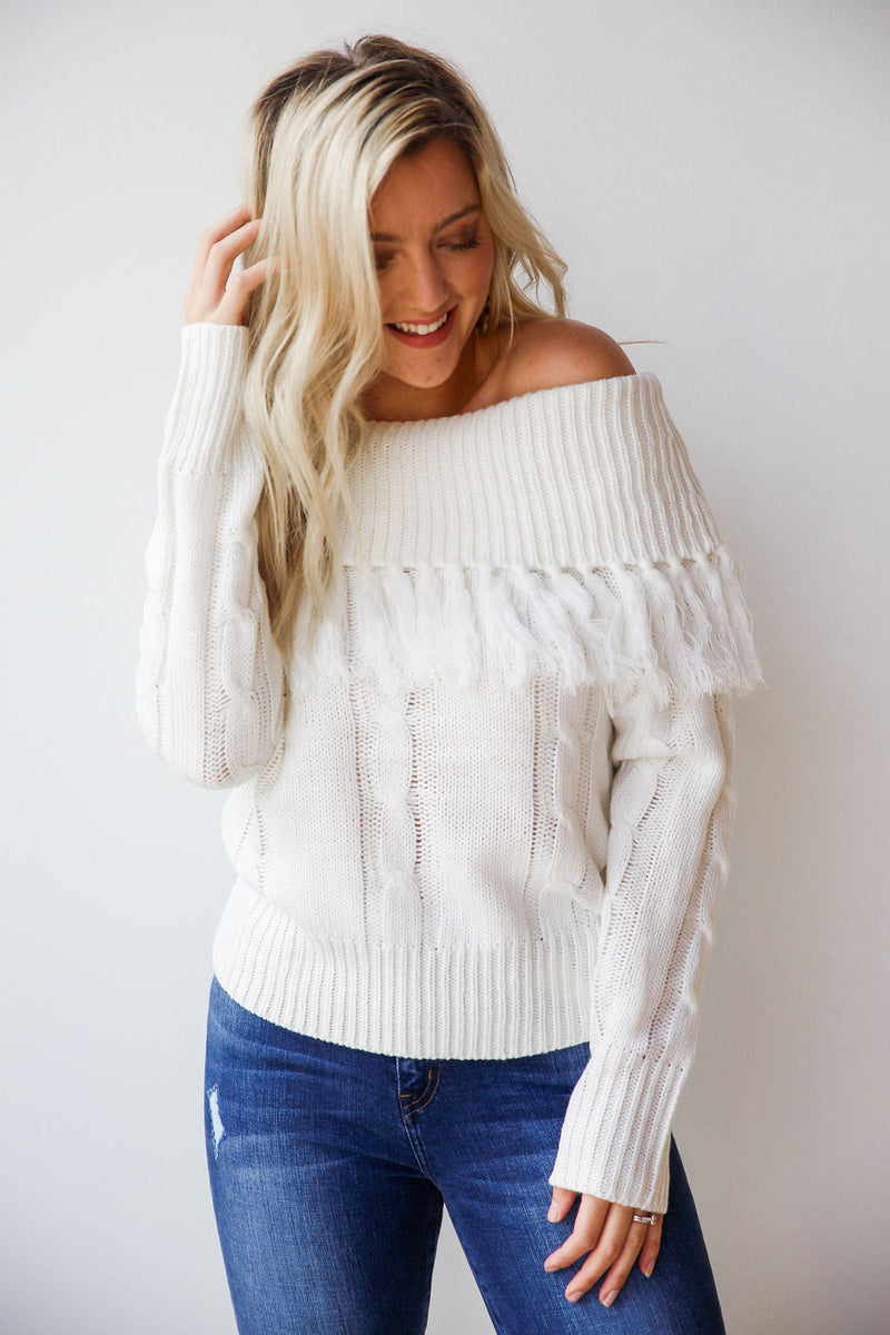 mode, off shoulder fringe top sweater