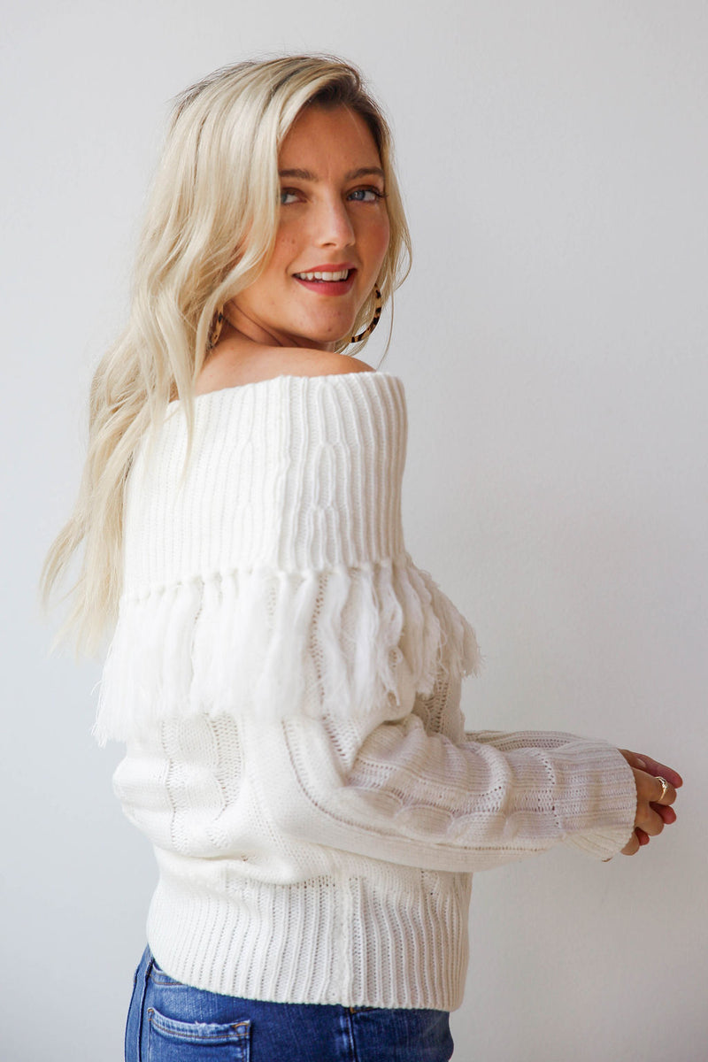 mode, off shoulder fringe top sweater