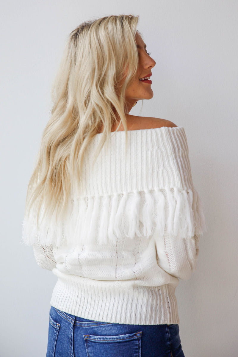 mode, off shoulder fringe top sweater
