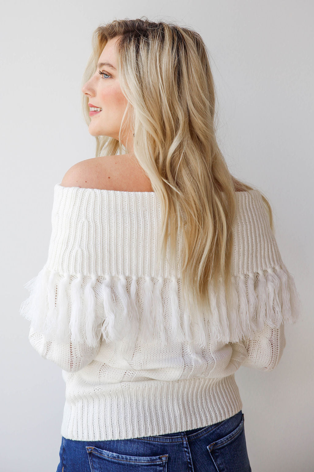 mode, off shoulder fringe top sweater