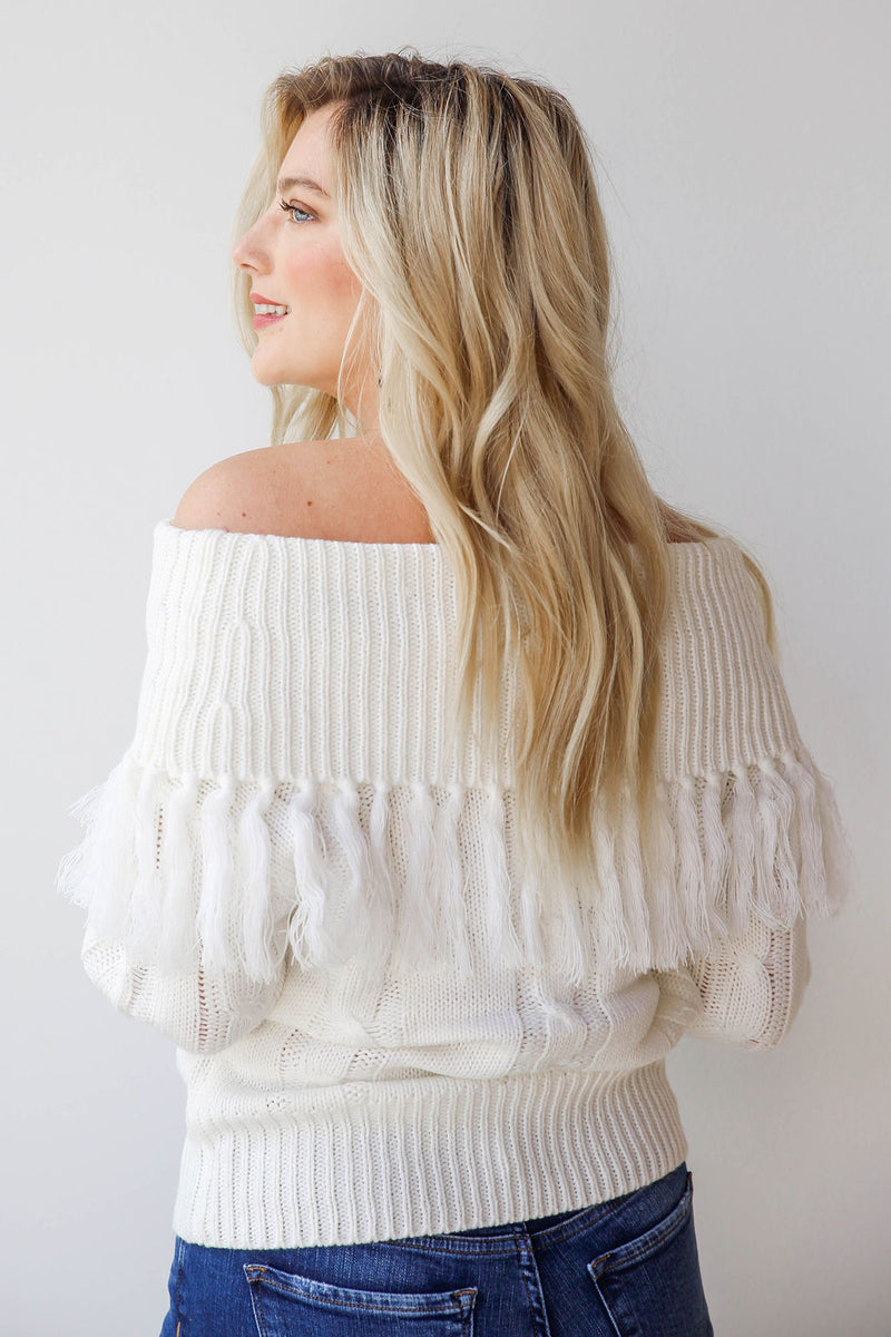 mode, off shoulder fringe top sweater