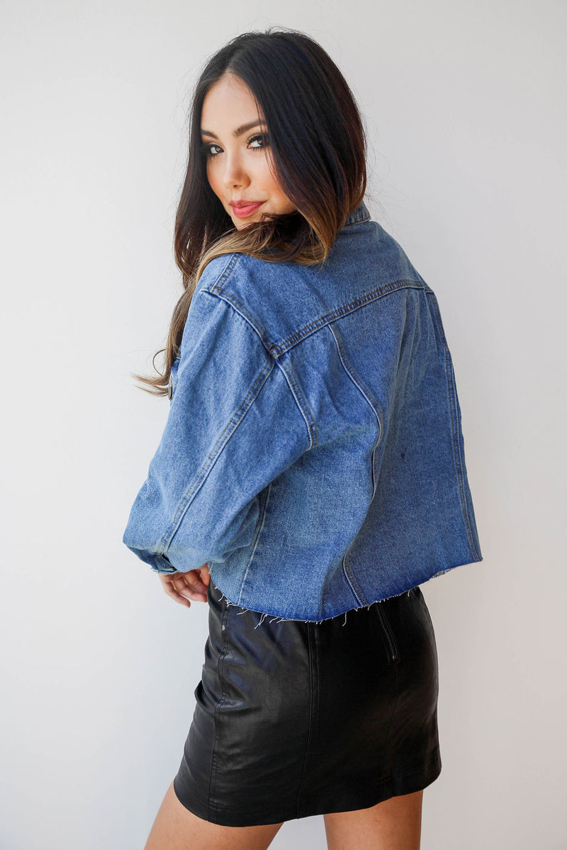 mode, raw edge denim jacket