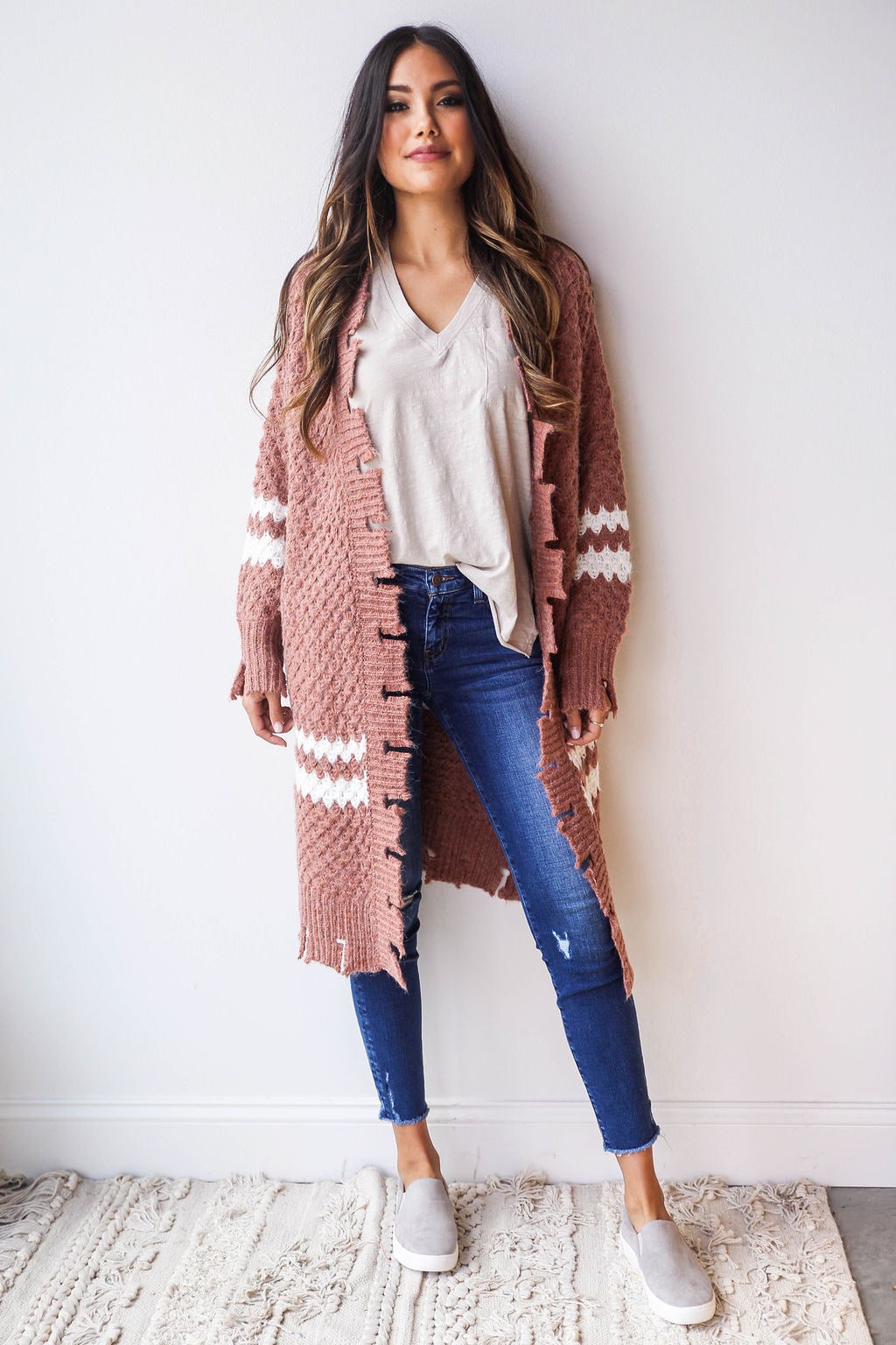mode, distressed hem cardigan