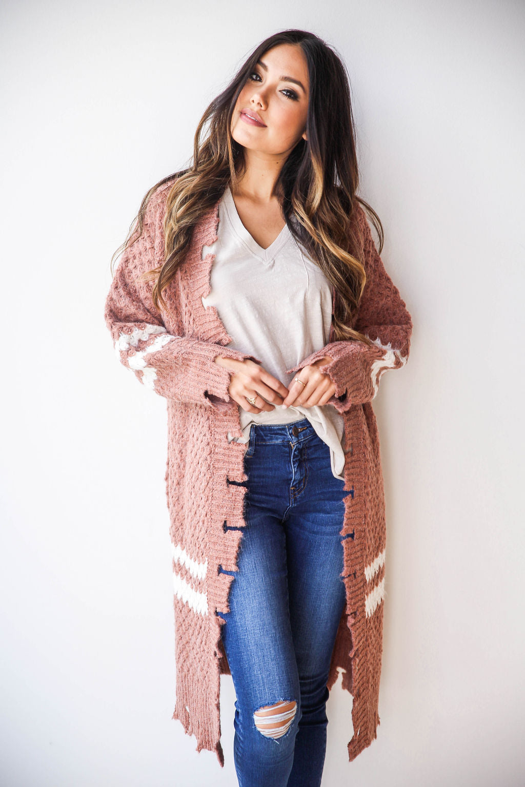 mode, distressed hem cardigan