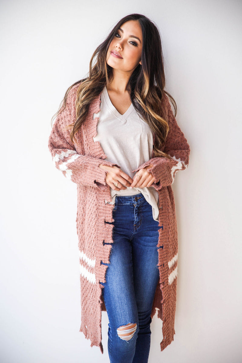 mode, distressed hem cardigan