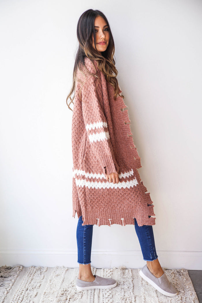 mode, distressed hem cardigan