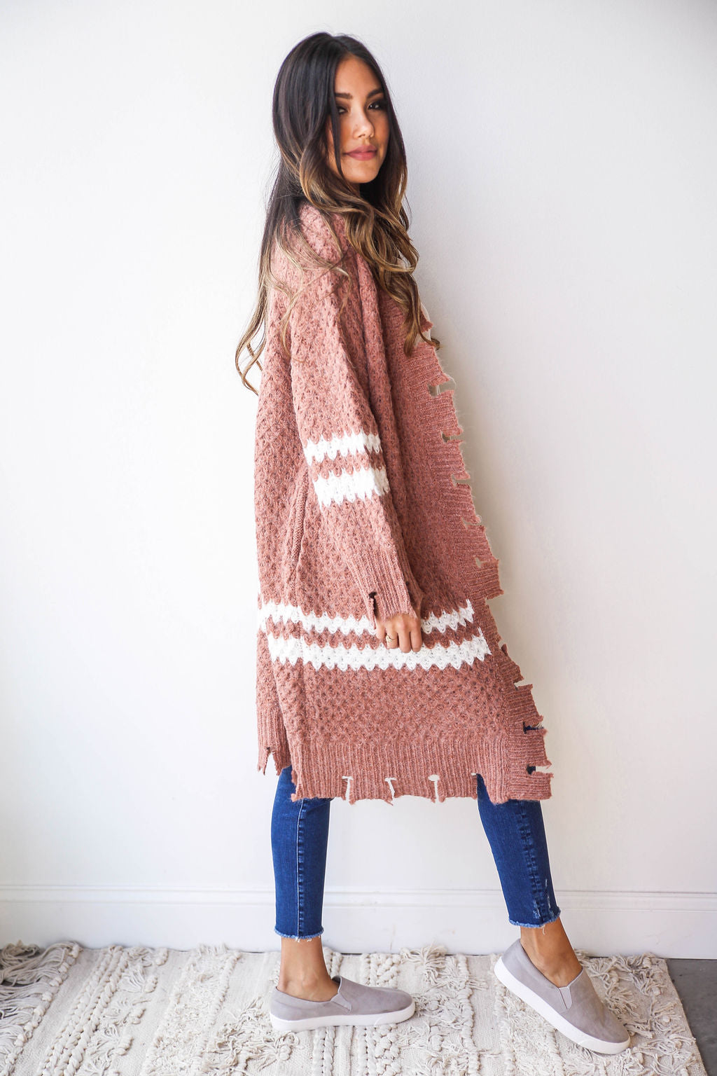 mode, distressed hem cardigan