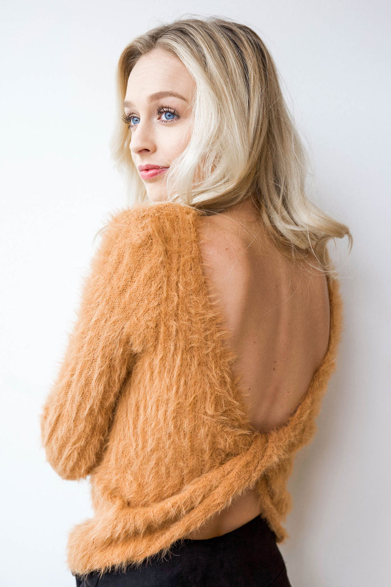 mode, fuzzy twist back sweater