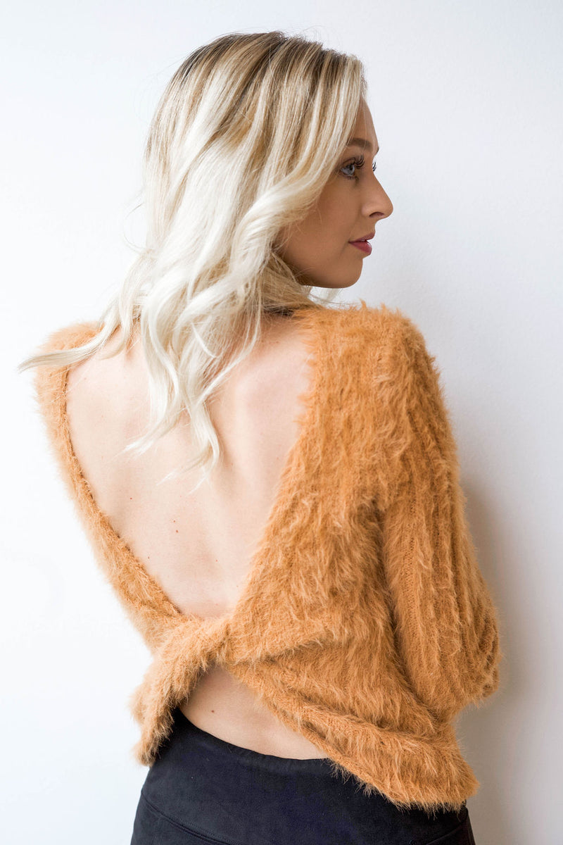 mode, fuzzy twist back sweater