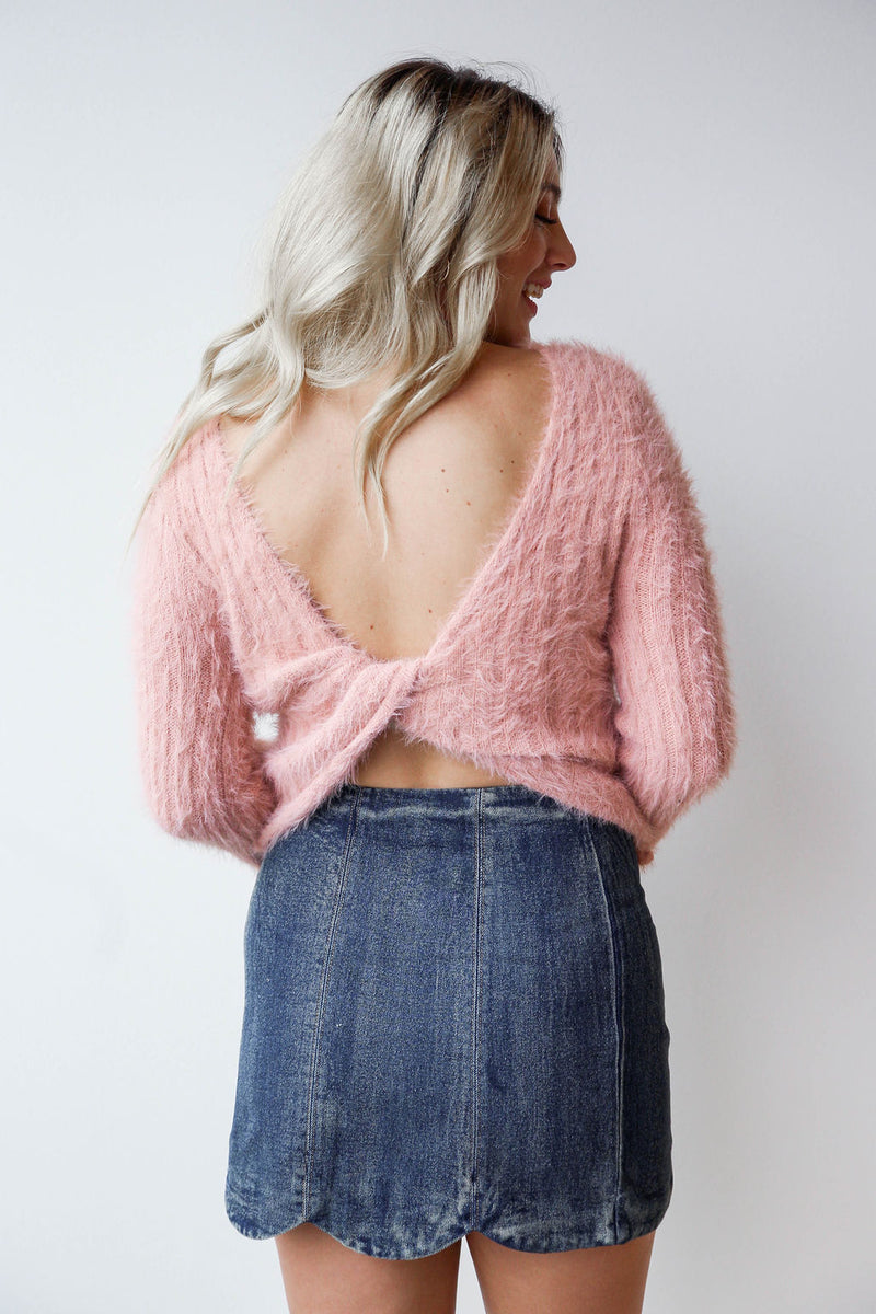 mode, fuzzy twist back sweater