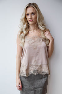 mode, slinky lace trim silk cami