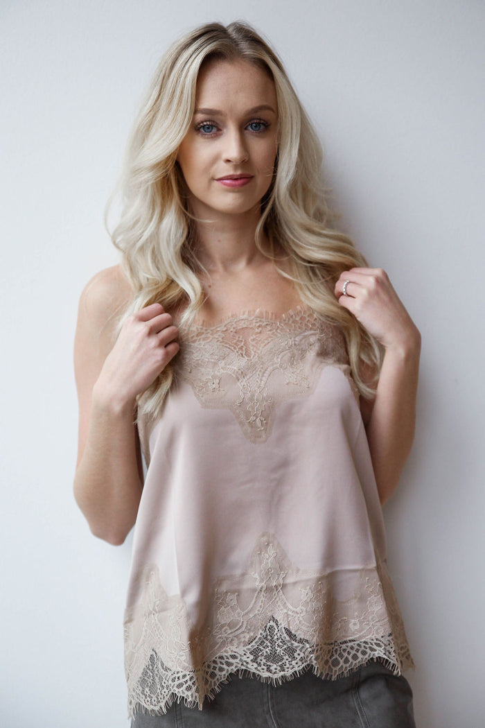 mode, slinky lace trim silk cami