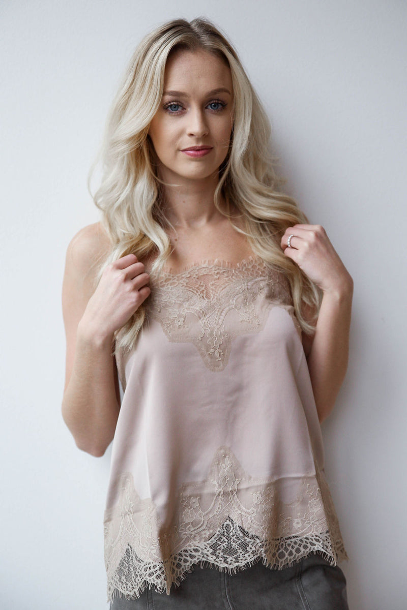 mode, slinky lace trim silk cami