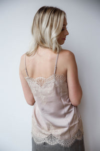 mode, slinky lace trim silk cami