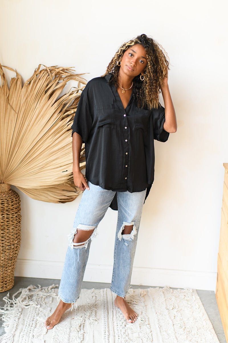 mode, satin boxy tunic top