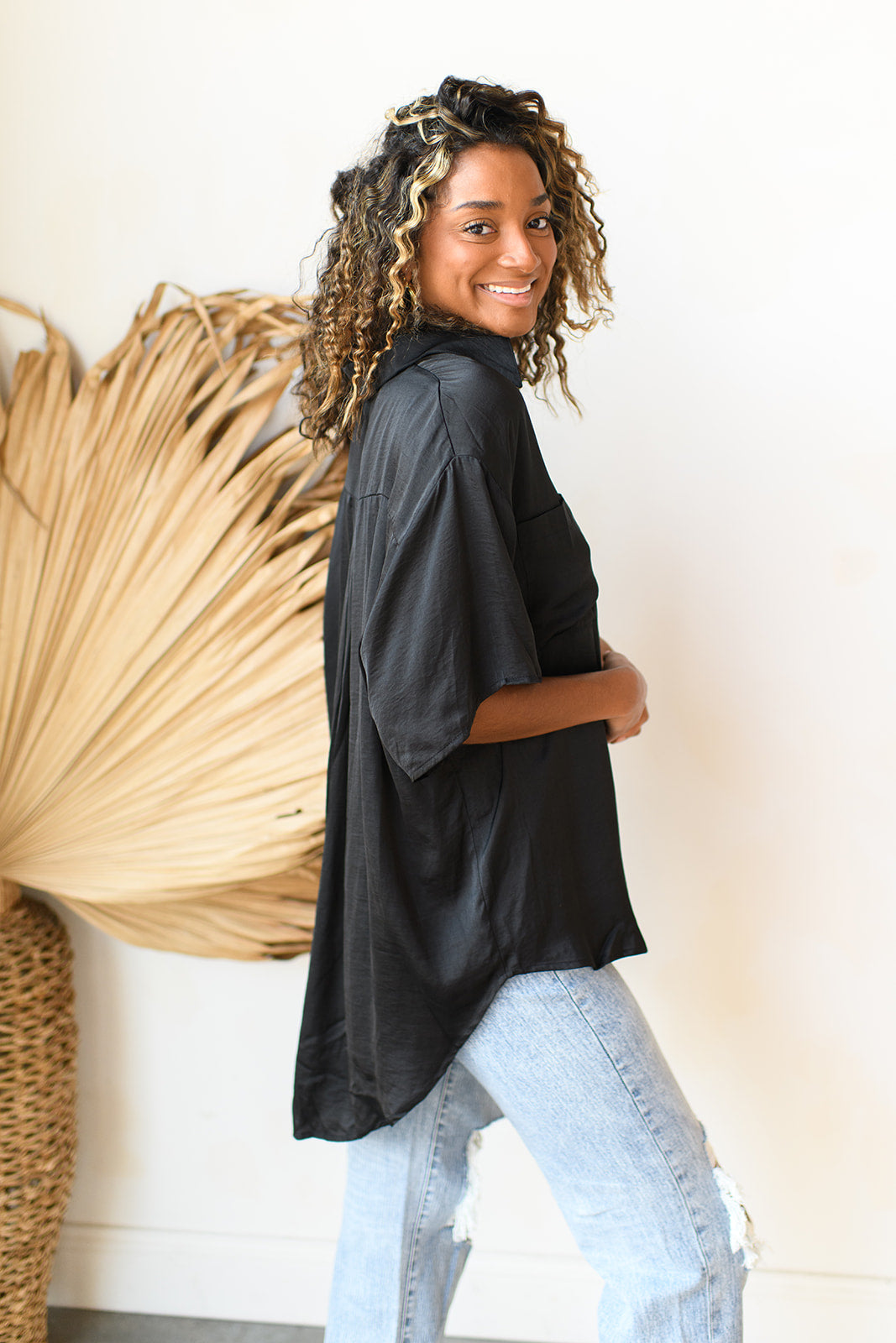 mode, satin boxy tunic top