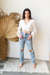 mode, v neck lantern sleeve blouse