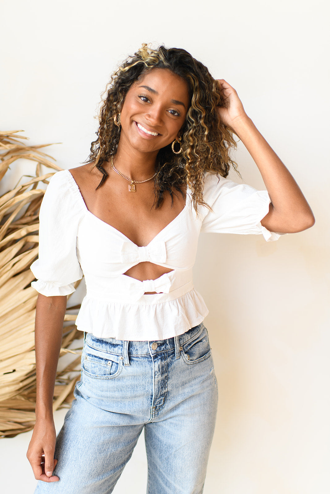 mode, bow knot cut-out blouse