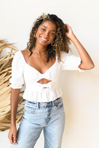 mode, bow knot cut-out blouse