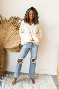mode, oversized collar button top