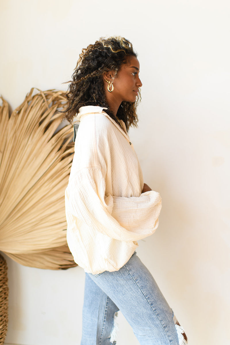 mode, oversized collar button top