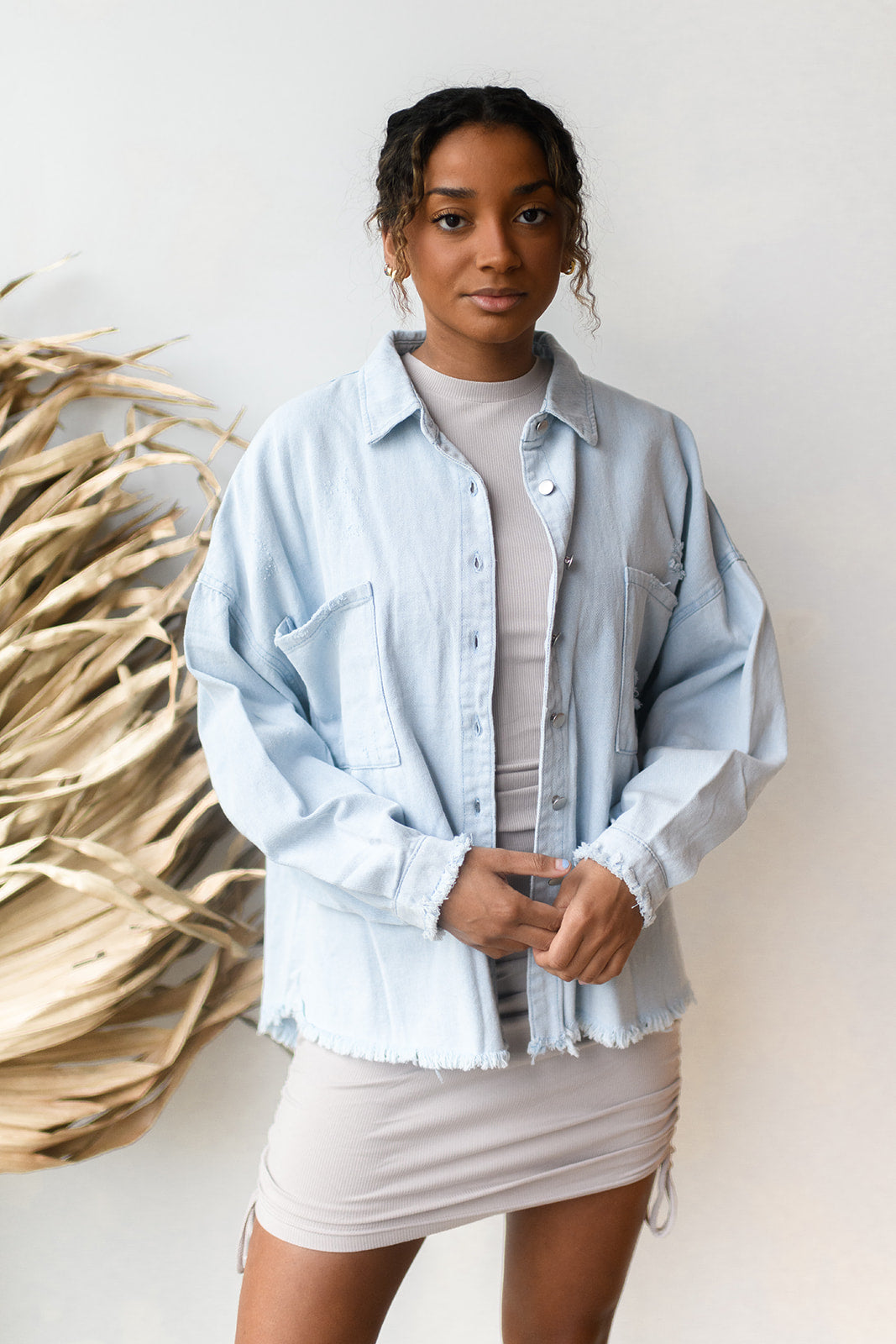 mode, delighted distressed shacket