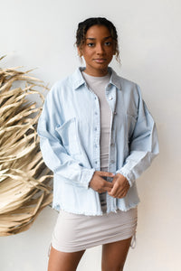 mode, delighted distressed shacket