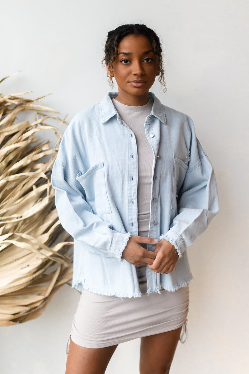 mode, delighted distressed shacket