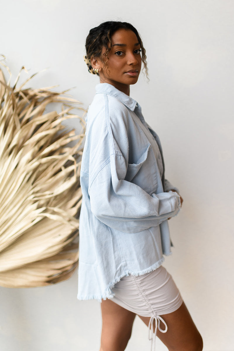 mode, delighted distressed shacket
