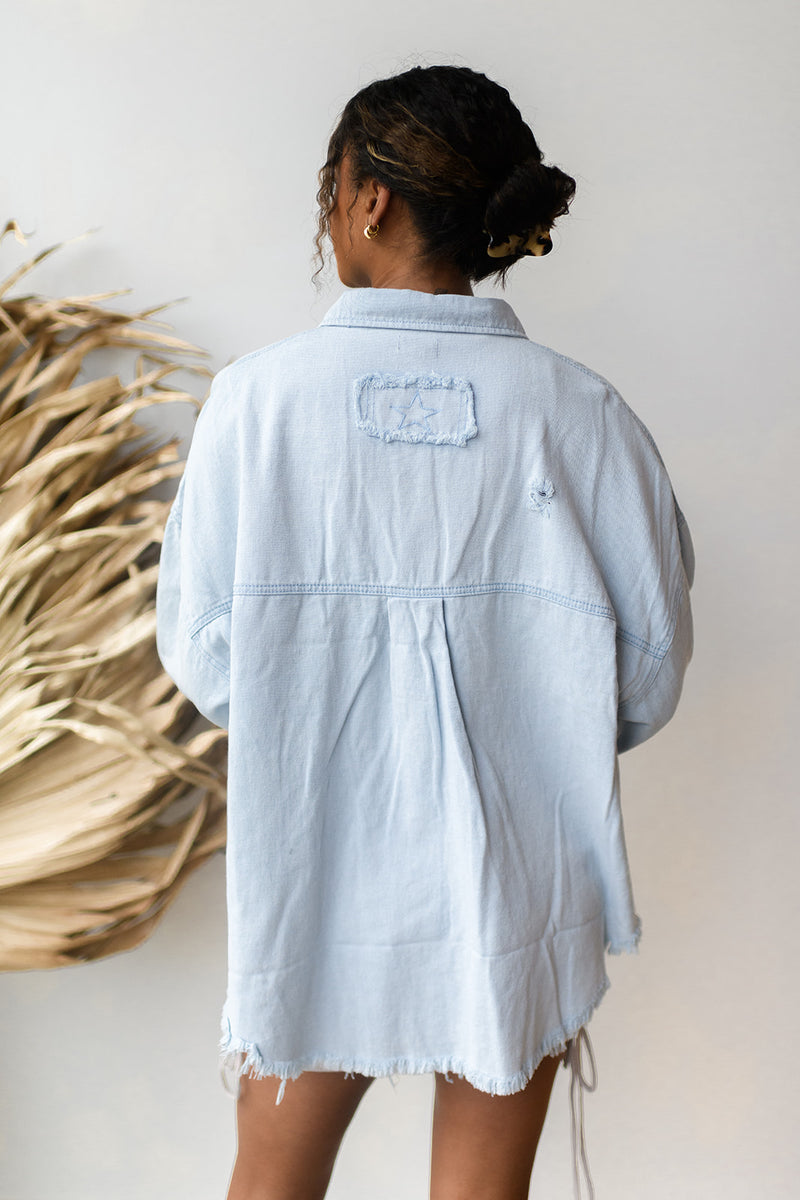 mode, delighted distressed shacket