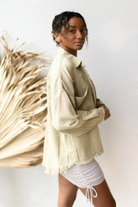 mode, delighted distressed shacket