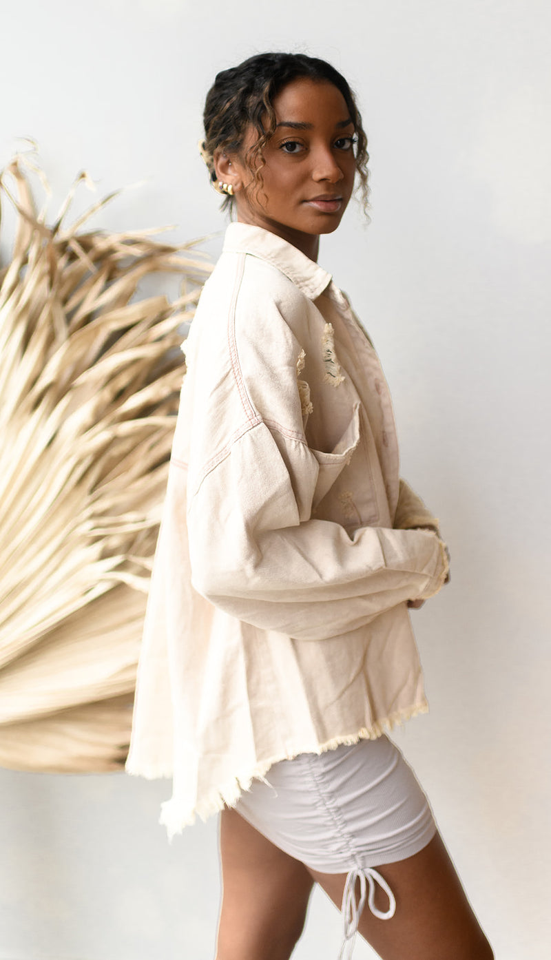 mode, delighted distressed shacket