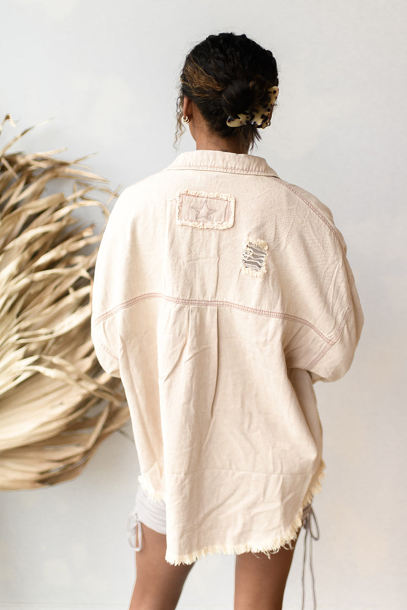 mode, delighted distressed shacket