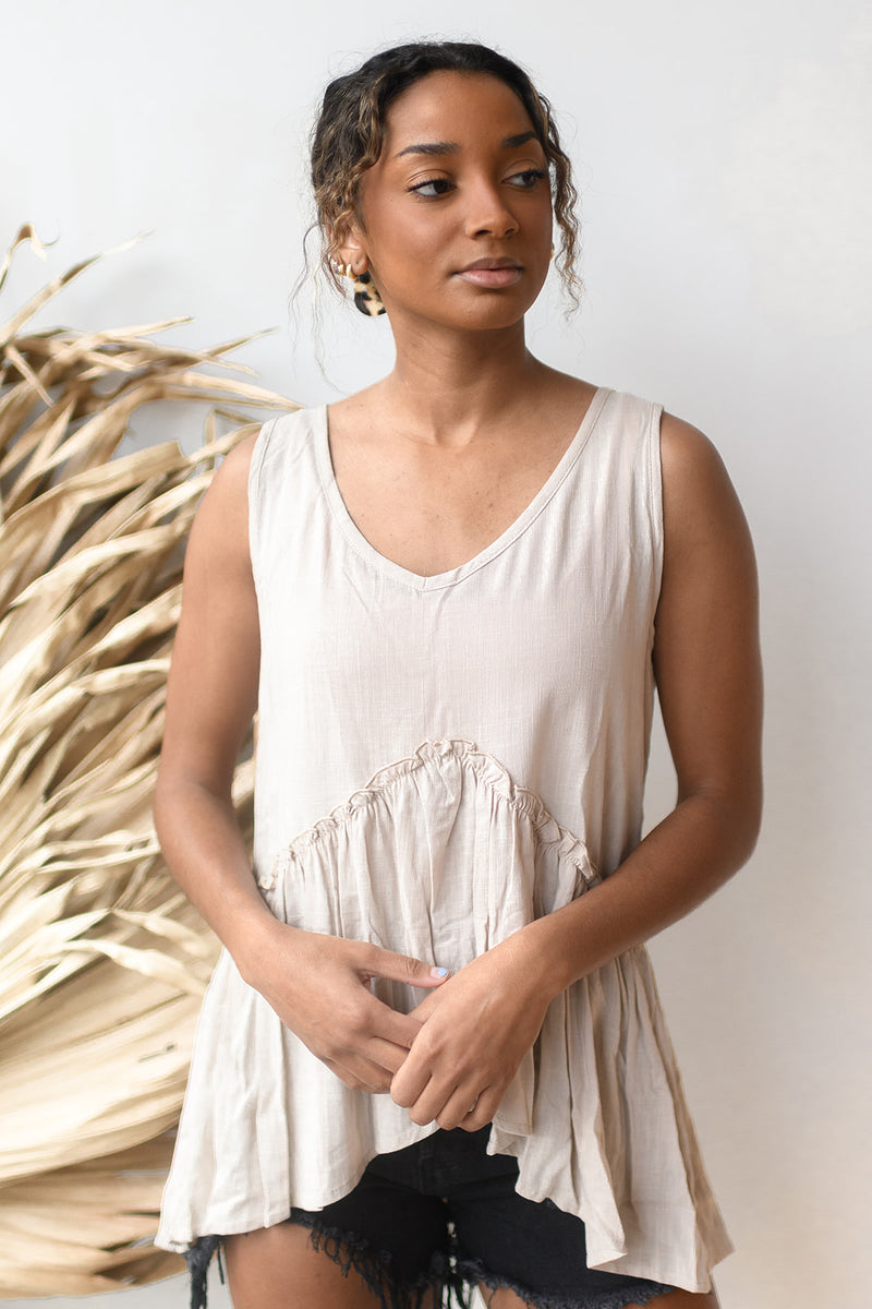 mode, v neck hi/low sleeveless top