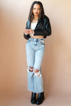mode, cropped vegan leather blazer