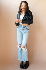mode, cropped vegan leather blazer