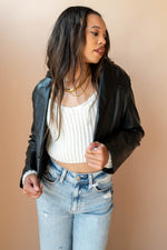 mode, cropped vegan leather blazer