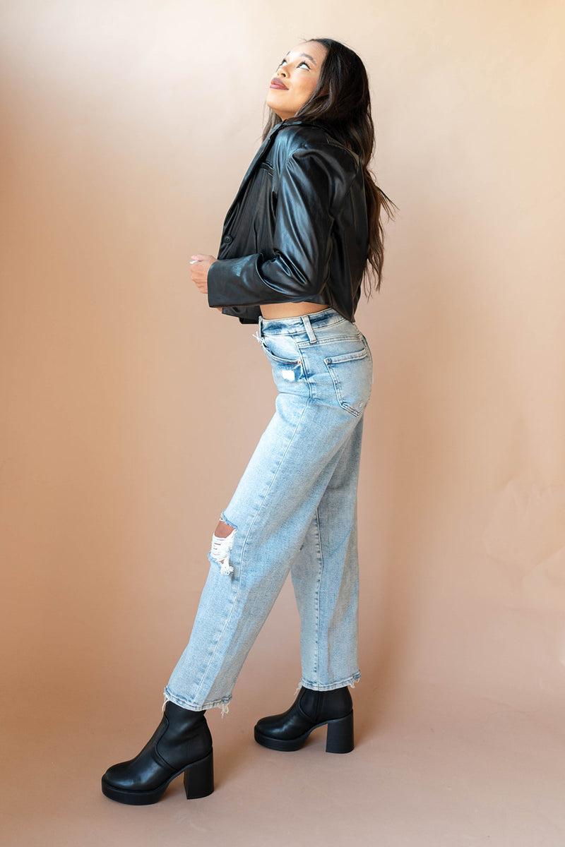 mode, cropped vegan leather blazer