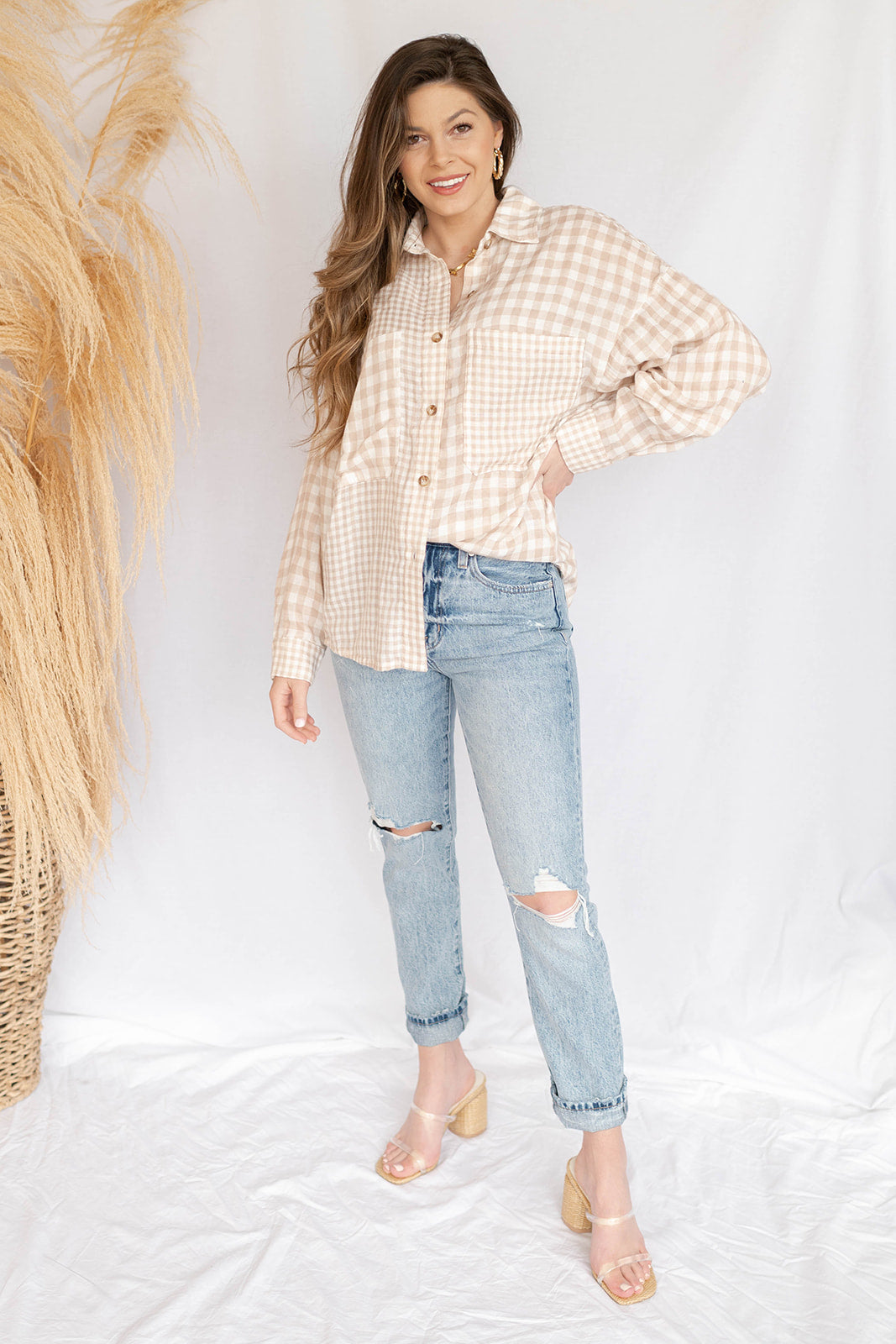 mode, checked out linen long sleeve